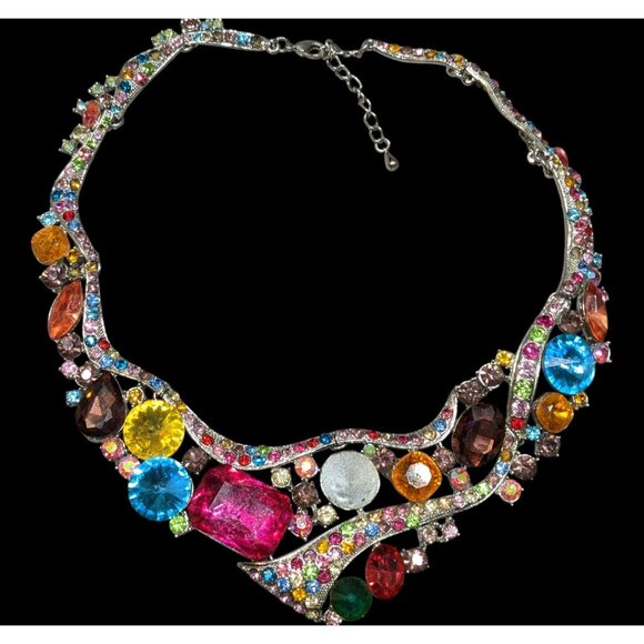 Whimsical Glamorous Rainbow Gemmed Collar Necklace - Picture 1 of 8